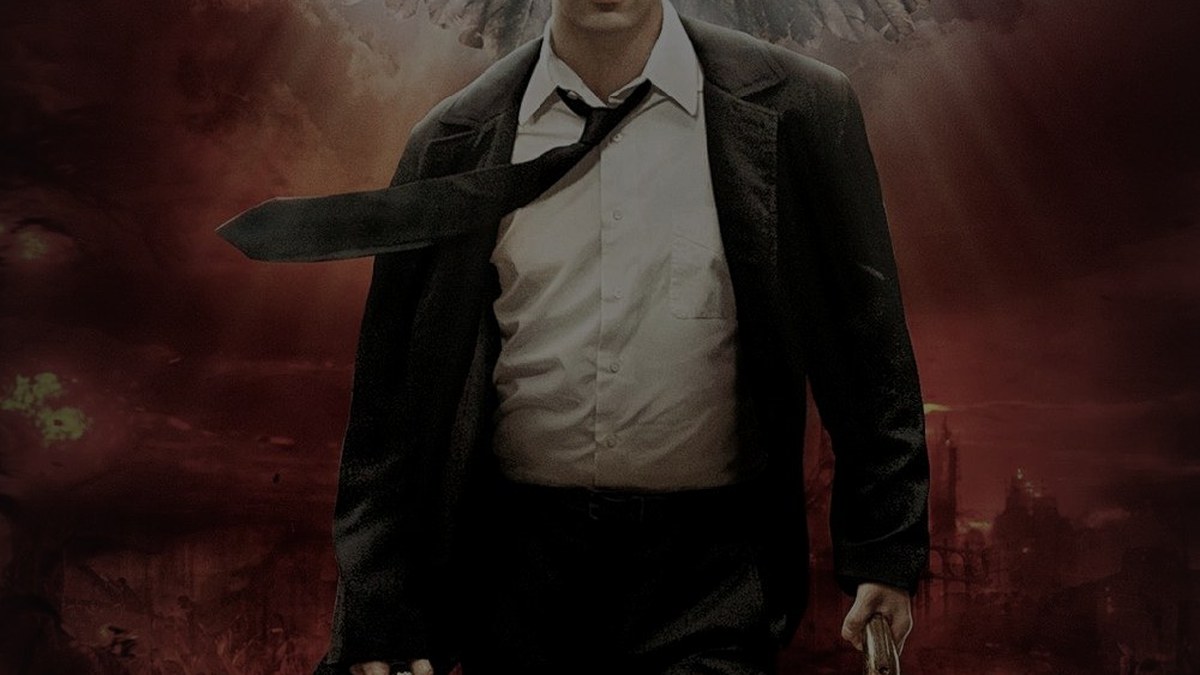Still from Constantine (2005) — tmdb poster (id 561); official one-sheet showing keanu reeves in suit with hellscape wings. baked through scripts/bake_dark_photo.py at factor 0.45, lanczos center-cropped to 1200x675